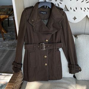 Black Rivet Army Green Wool Blend Button Up Buckle Belted Short Military Peacoat